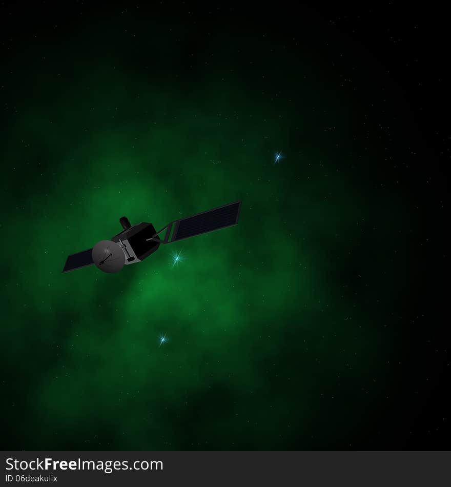 A spacecraft, satellite, in the sideral space, in the background a green nebula. 3D rendering.