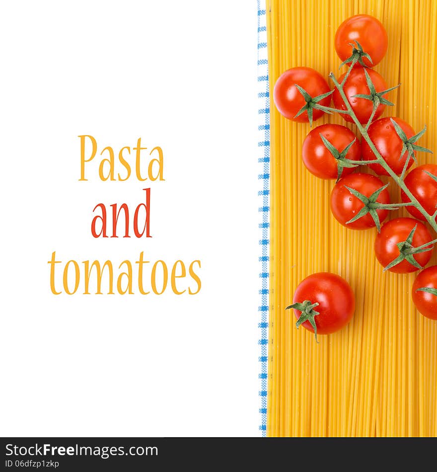 Spaghetti and cherry tomatoes on a napkin, isolated