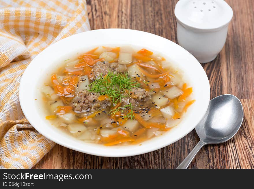 Vegetable Soup With Meatballs In The Plate