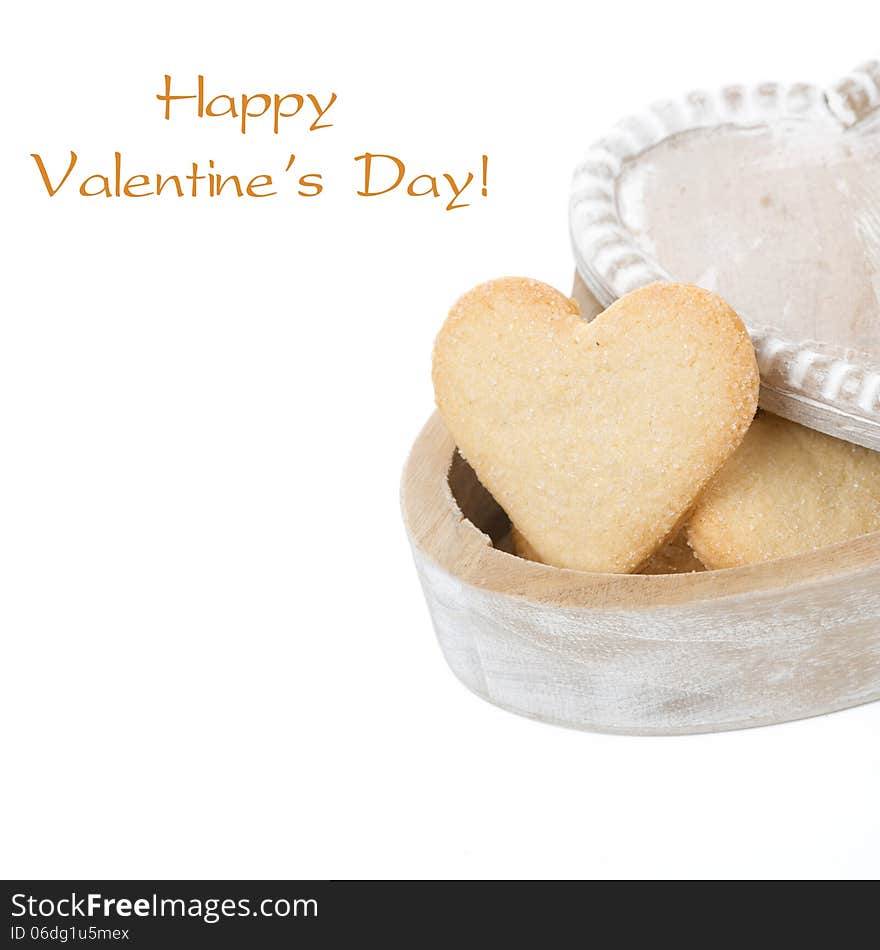 Wooden Box With Cookies In The Form Of Heart, Isolated On White