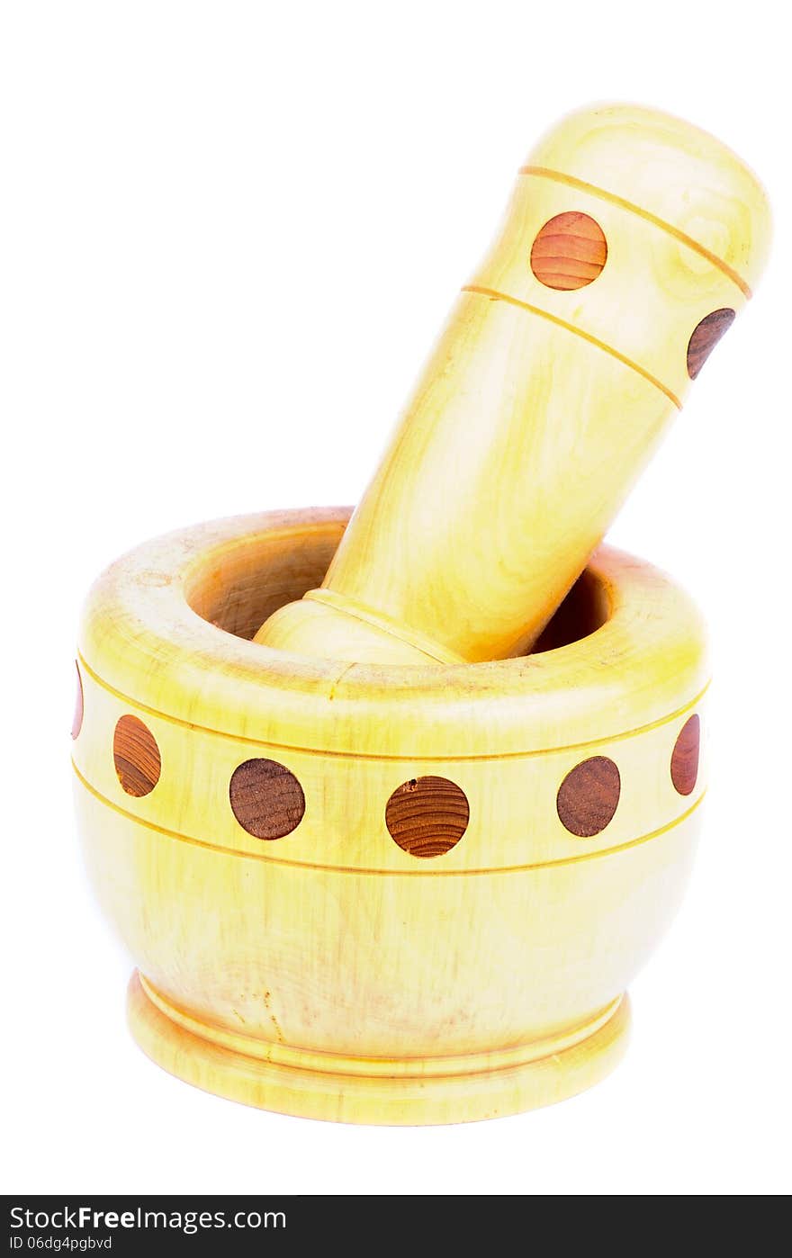 Handmade Wooden Mortar and Pestle on white background