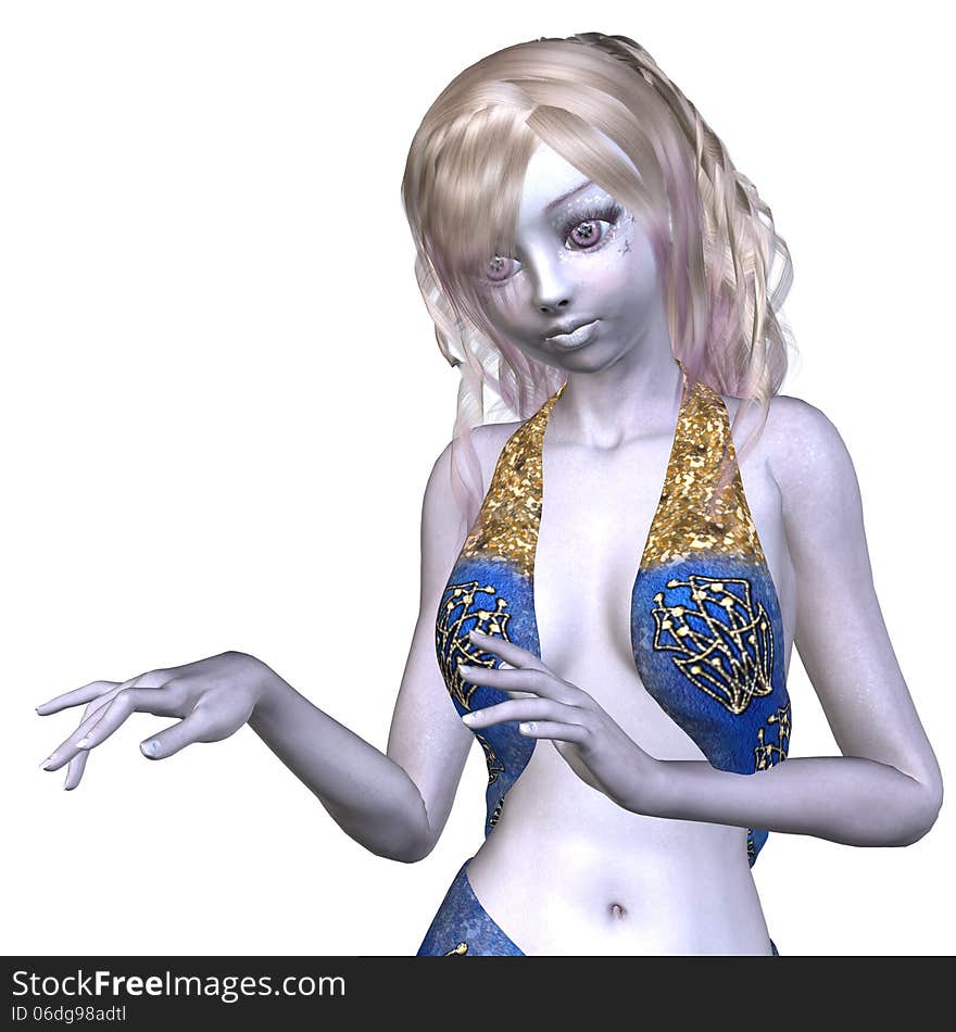 Digitally rendered illustration of a woman in blue fantasy outfit on white background. Digitally rendered illustration of a woman in blue fantasy outfit on white background.