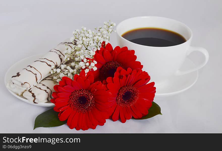 Cup Of Coffee, Cookies And Flowers