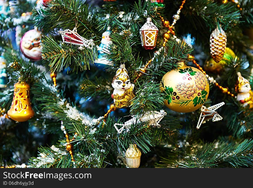 Sparkling and bright Christmas balls and toys on the Christmas Tree. Sparkling and bright Christmas balls and toys on the Christmas Tree