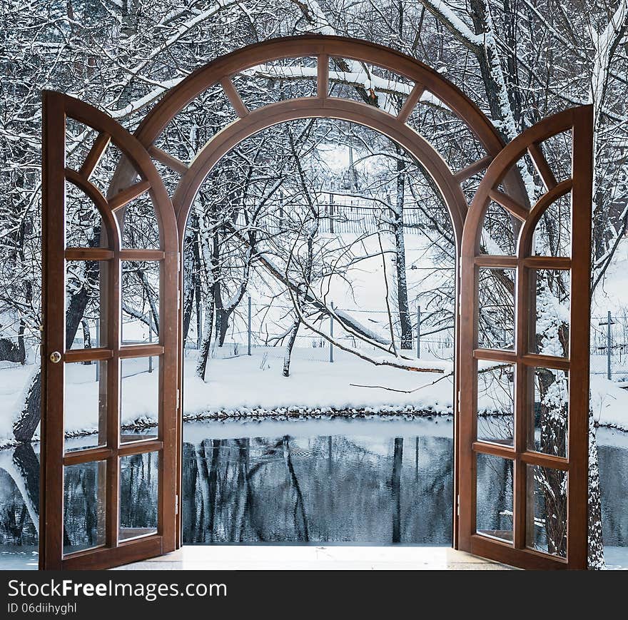 Open door and a winter forest