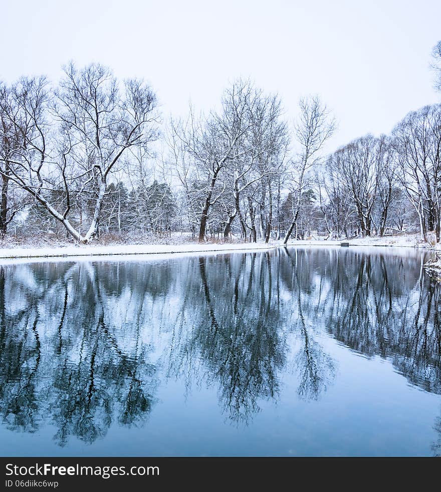 Not frozen pond in winter