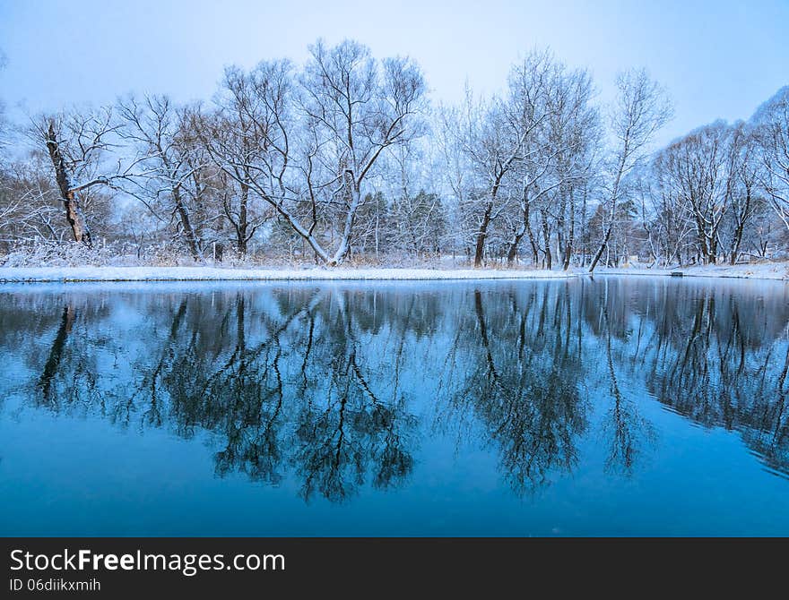 Not frozen pond in winter