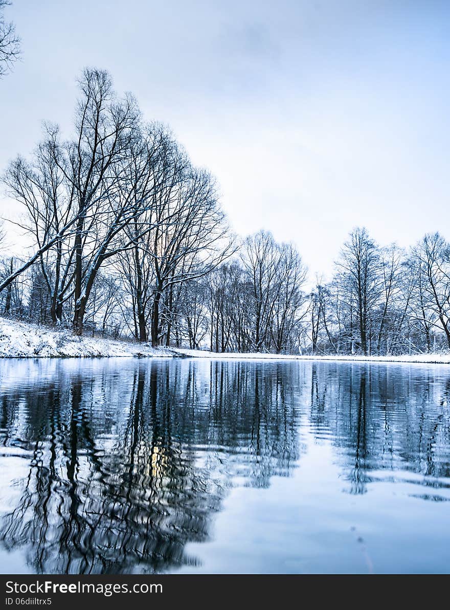 Not Frozen Pond In Winter