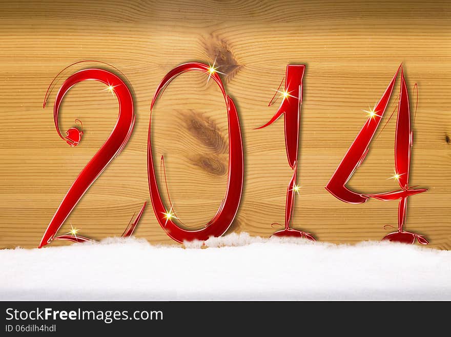 Christmas decoration and snow.	Wood background.New Year 2014.