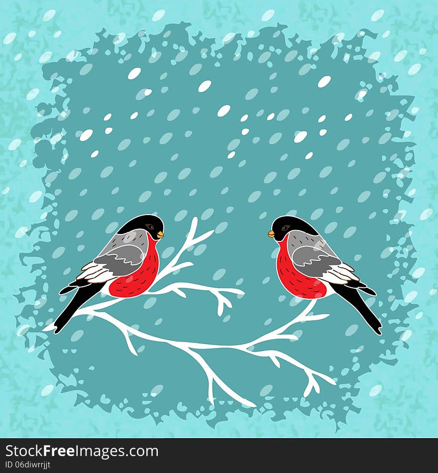 Vector winter background with bullfinch bird