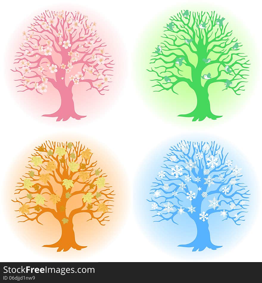 The illustration shows a tree in different seasons. Achieved in a vector on separate layers