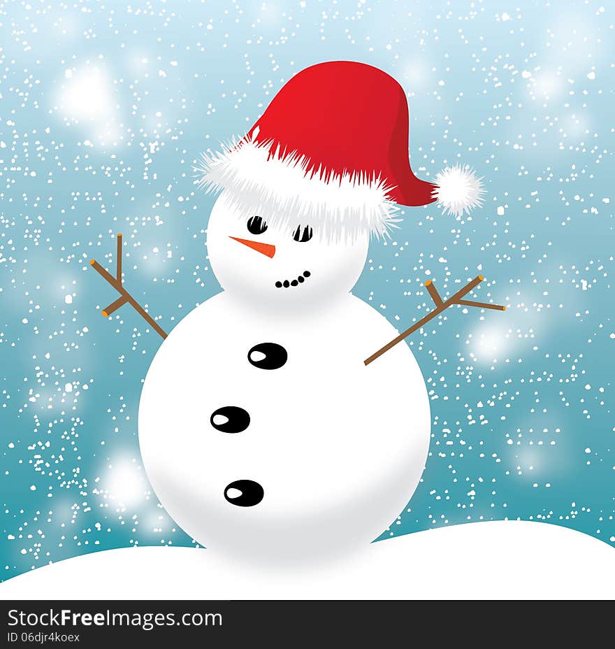 Snowman with red cap on blue background