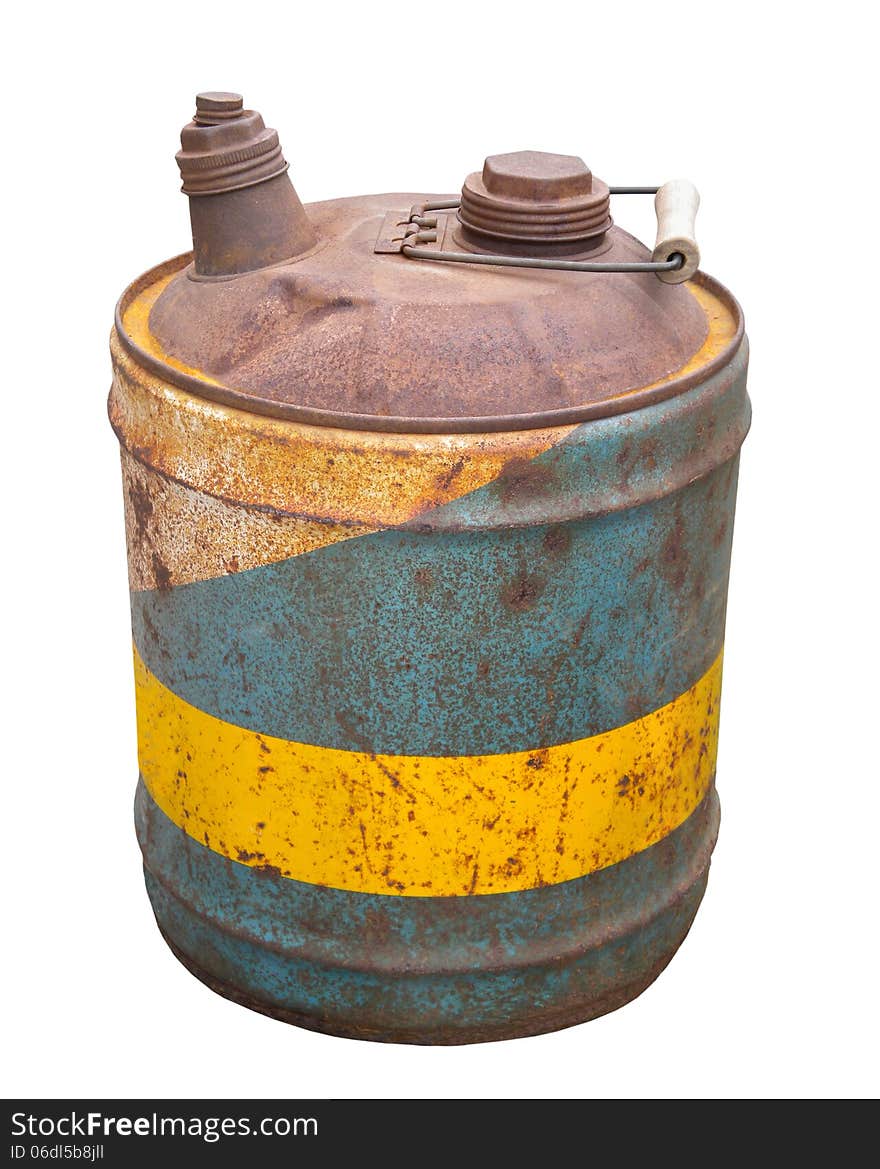 Old metal gas can isolated.