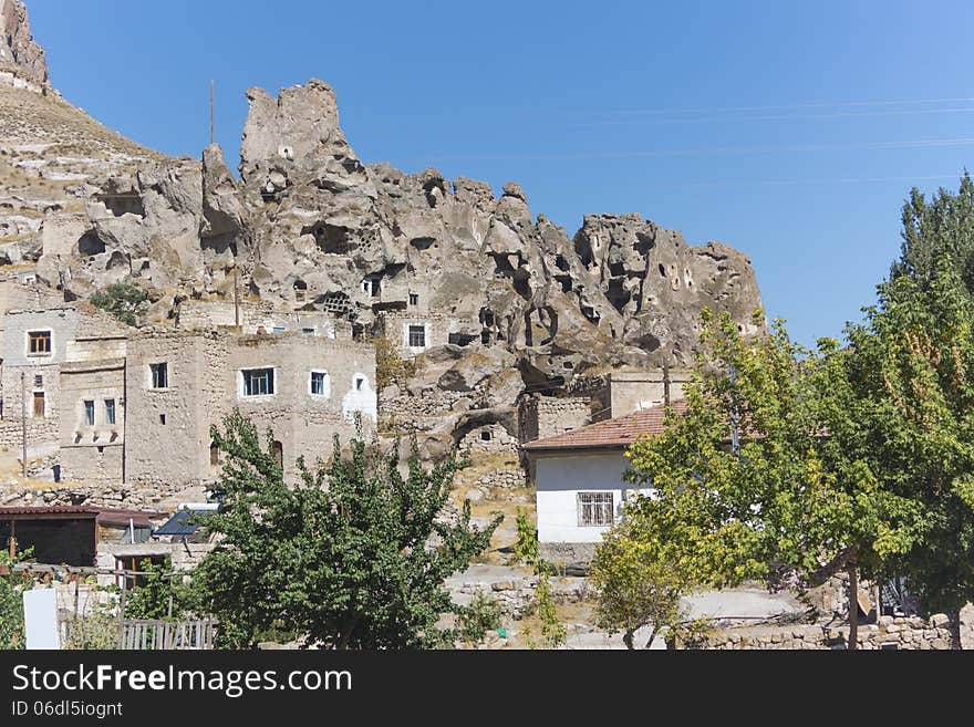 Old houses in the mountains in Cappadocia in Turkey