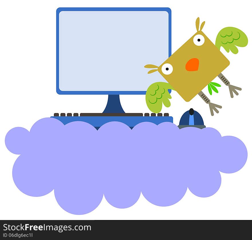 Illustration of a bird using a computer on a cloud. Illustration of a bird using a computer on a cloud