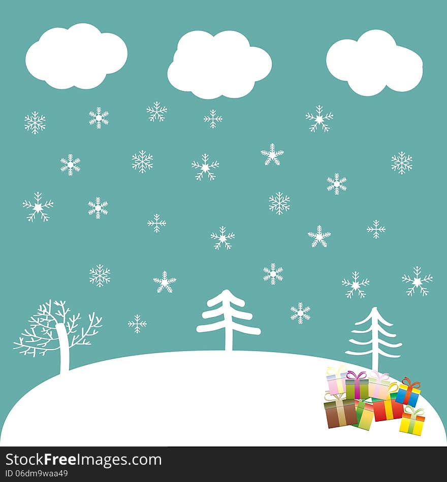 Christmas atmosphere with gifts, clouds, snow and trees