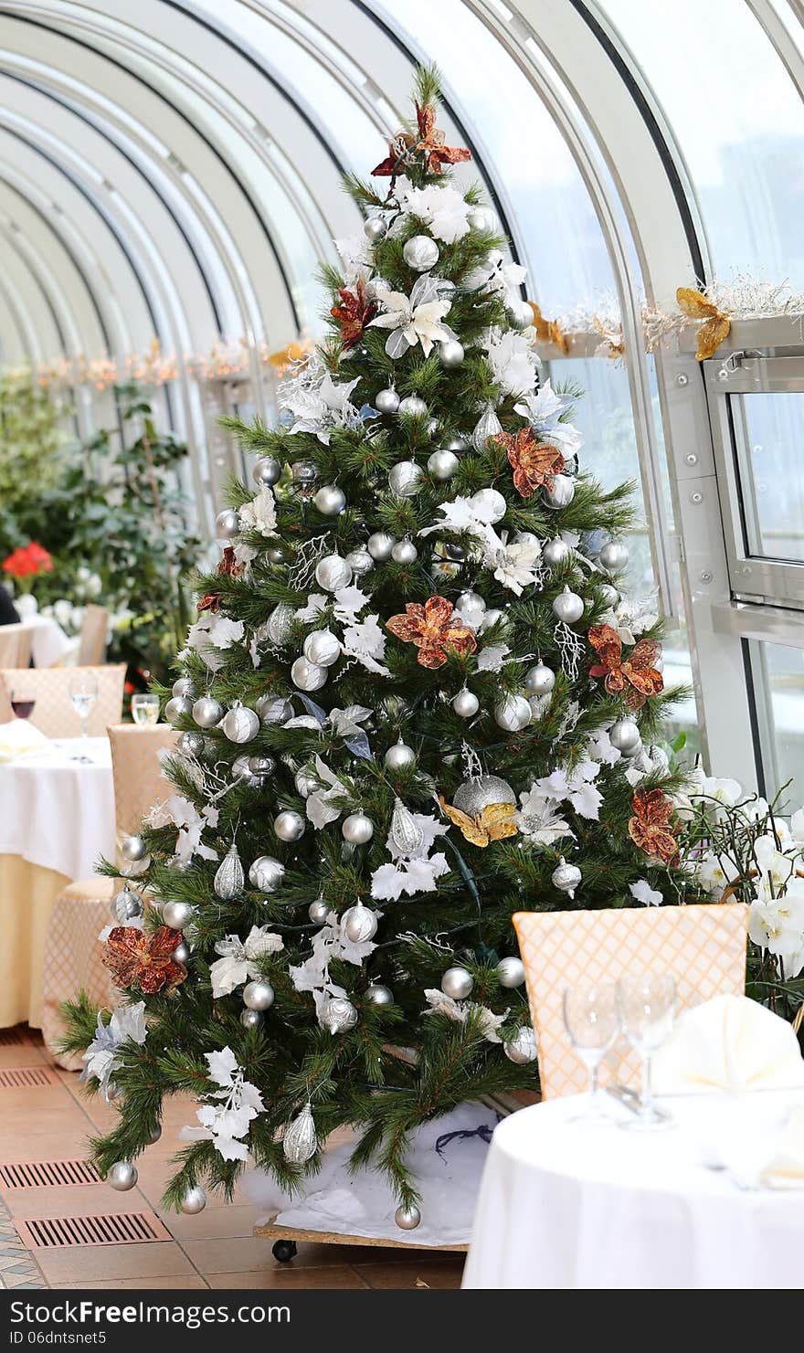 Beautiful festive Christmas tree in the restaurant