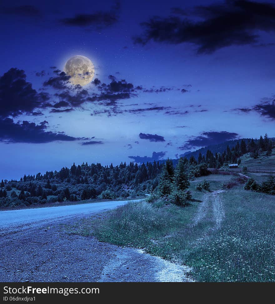 Empty asphalt mountain road with Painted single white Line near the coniferous forest with cloudy sky at night. Empty asphalt mountain road with Painted single white Line near the coniferous forest with cloudy sky at night