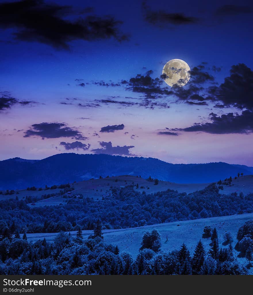 Valley near forest on a steep mountain slope at night