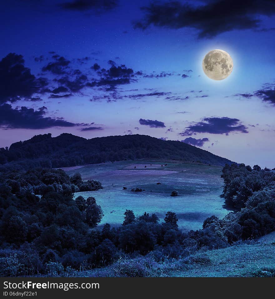 Valley near forest on a steep mountain slope at night