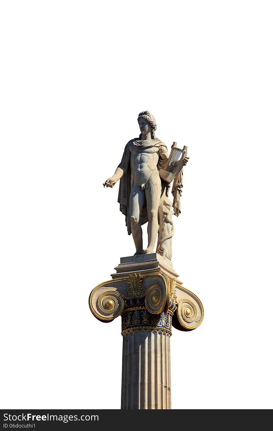 Statue Of Apollon On The Top Of The Column Isolated On White Background, At