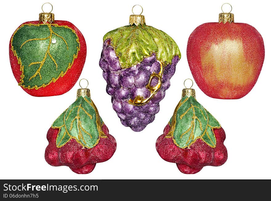 5 Christmas decorations in the form of fruit, isolated on white background. 5 Christmas decorations in the form of fruit, isolated on white background