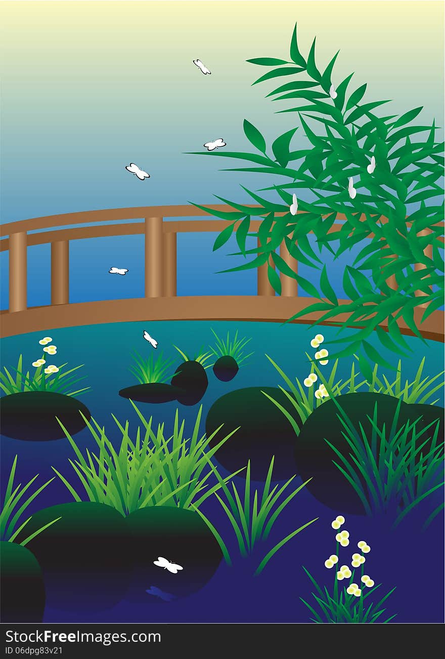 Bridge,Beautiful landscape with butterflies and a bridge over the river