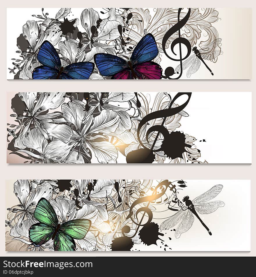 Set of floral brochures with flowers and music for design. Set of floral brochures with flowers and music for design