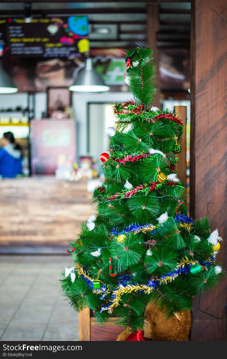 Christmas tree decoration in a coffee cafe.