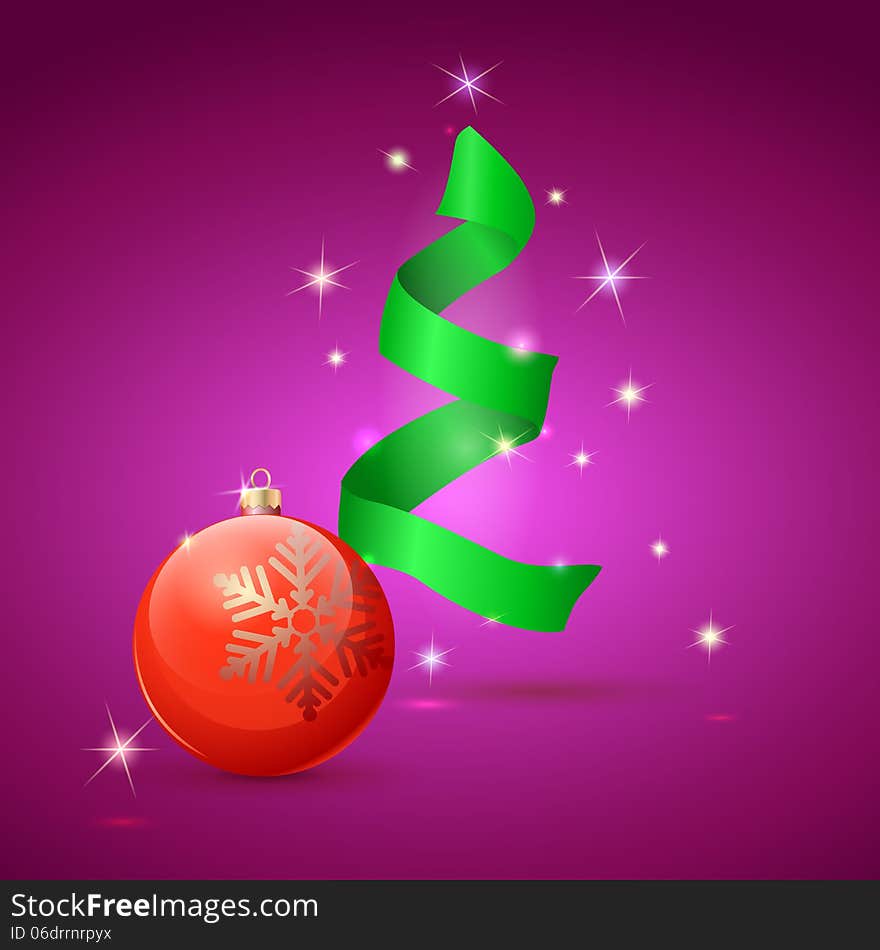 Greeting with Christmas tree and ball on green background with festive lights