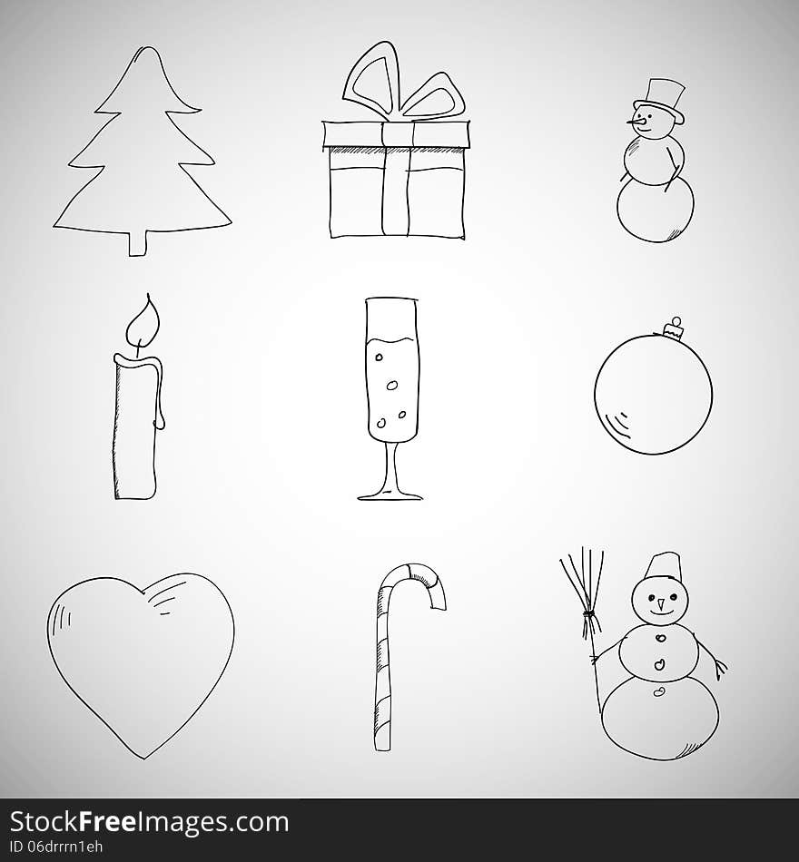 Collection of Christmas icons/objects, cartoon sketch style