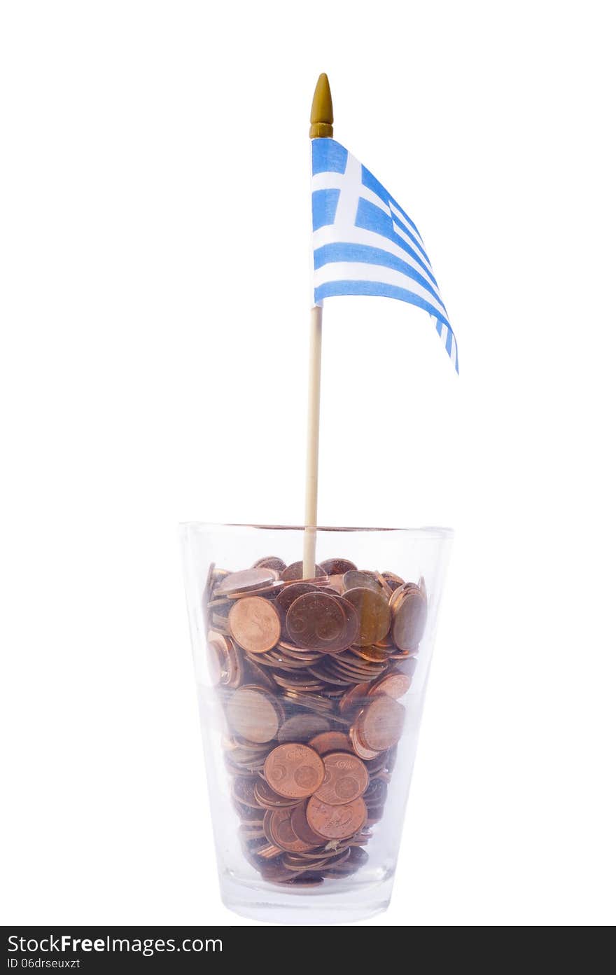 The Greek flag in glass filled with coins