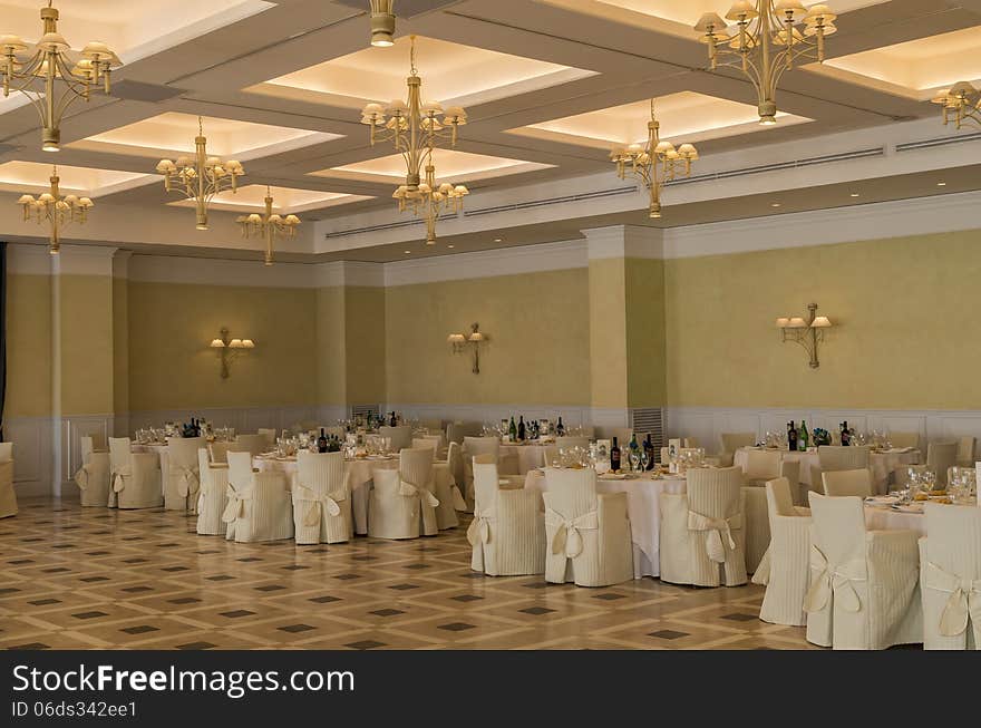 Big restaurant hall with tables and chairs. Big restaurant hall with tables and chairs