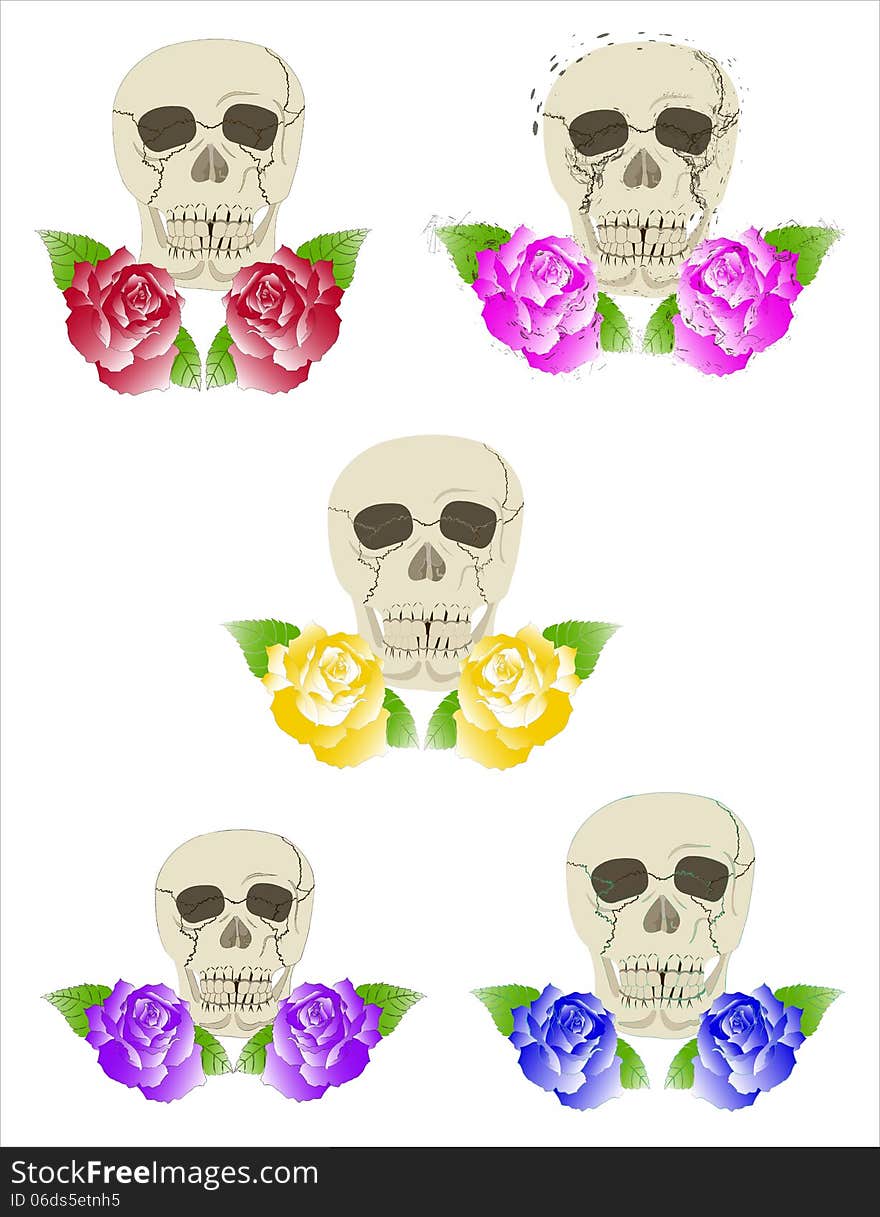 Vector illustration of a set of five duets accompanied by various skulls roses: red, pink, yellow, violet and blue on isolated background. Vector illustration of a set of five duets accompanied by various skulls roses: red, pink, yellow, violet and blue on isolated background.