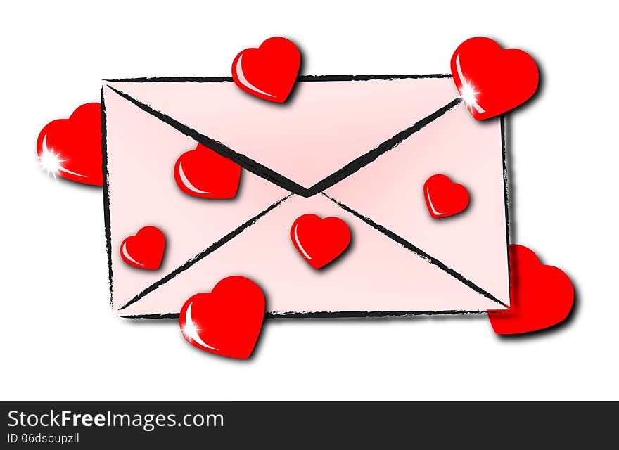 Ajar pink envelope with red hearts in different sizes around. Ajar pink envelope with red hearts in different sizes around