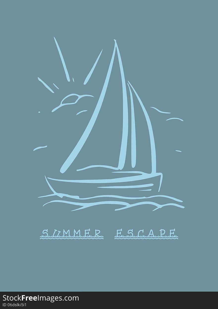 Hand Drawn Background With Sailboat. Vector Eps8