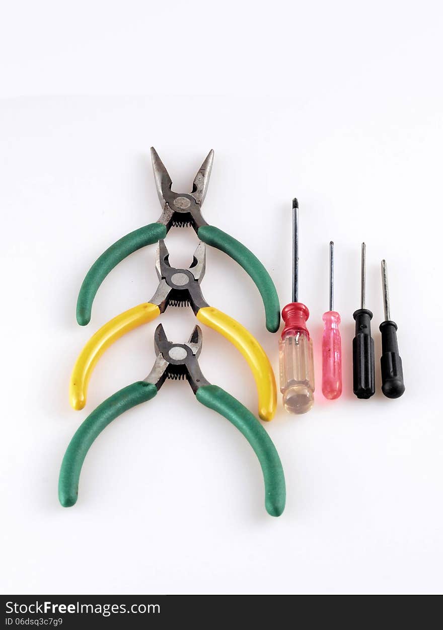 All kinds of pliers, screwdriver in white background. All kinds of pliers, screwdriver in white background