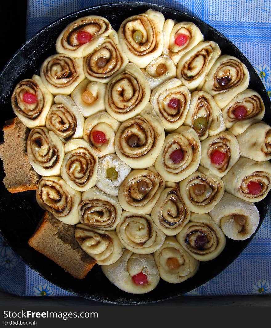 Cakes in the pan, top view, close bread crust. Cakes in the pan, top view, close bread crust