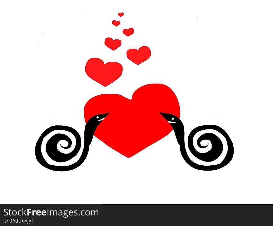 Two lovers snails and red hearts on a white background. Two lovers snails and red hearts on a white background