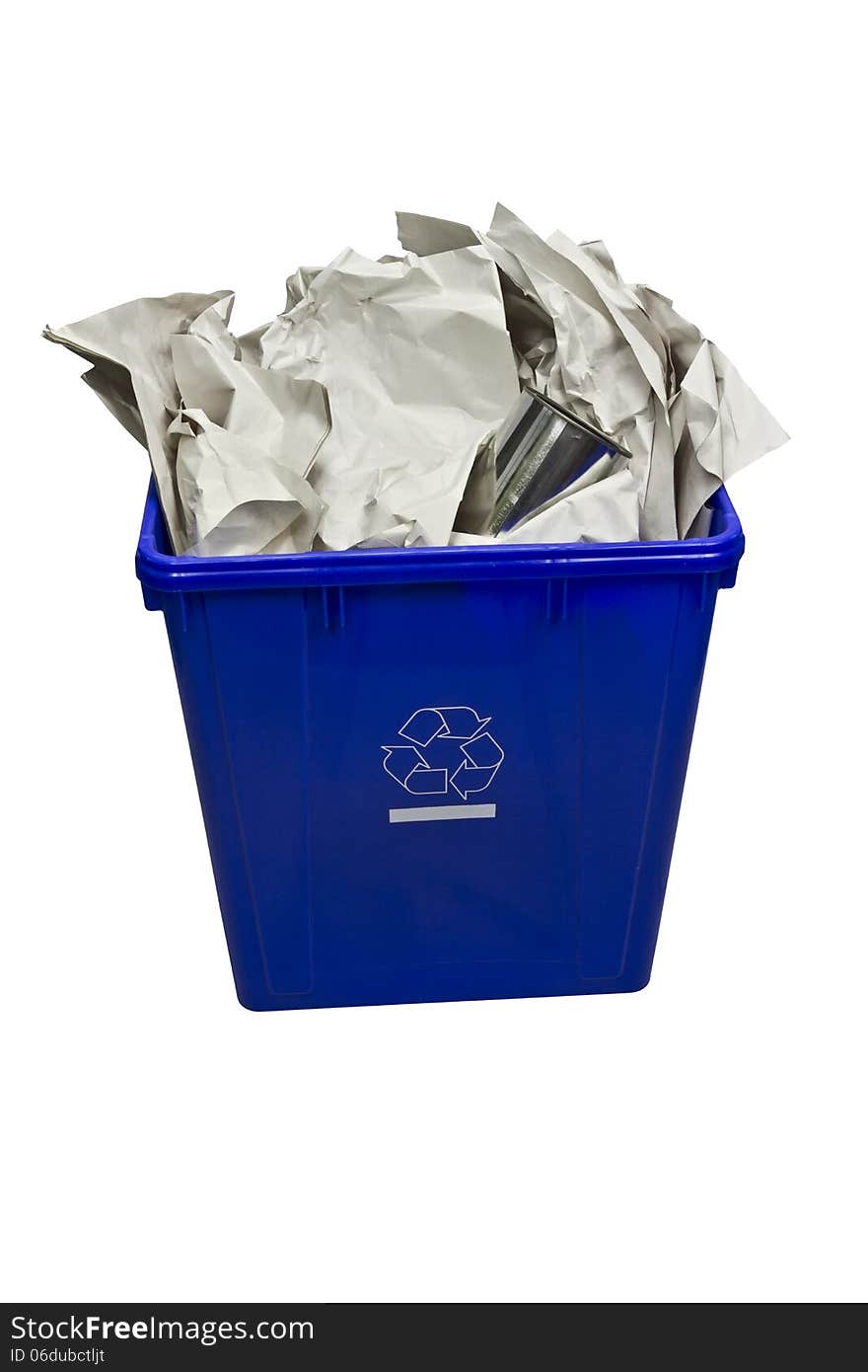 A blue bin full of paper and metal can for recycling purpose on white background