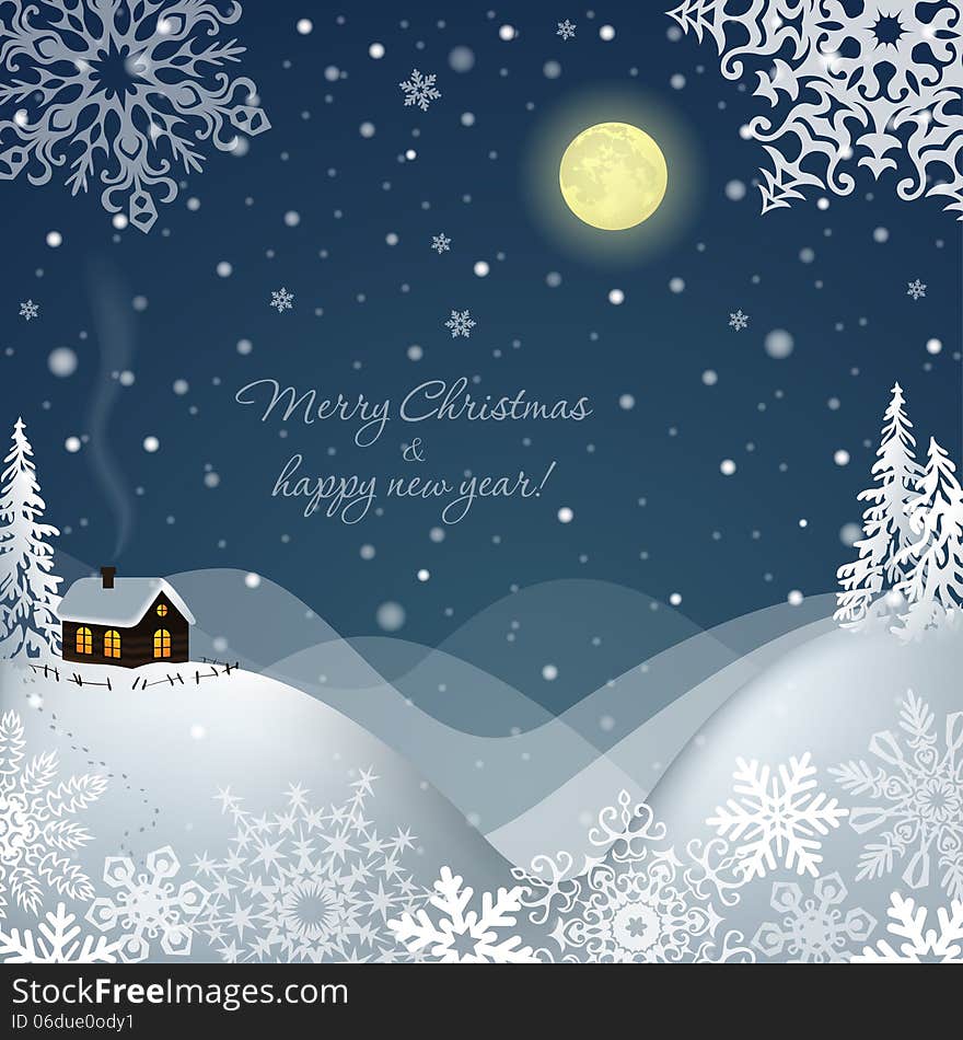 Winter Landscape with a House. Vector Christmas Card. Winter Landscape with a House. Vector Christmas Card