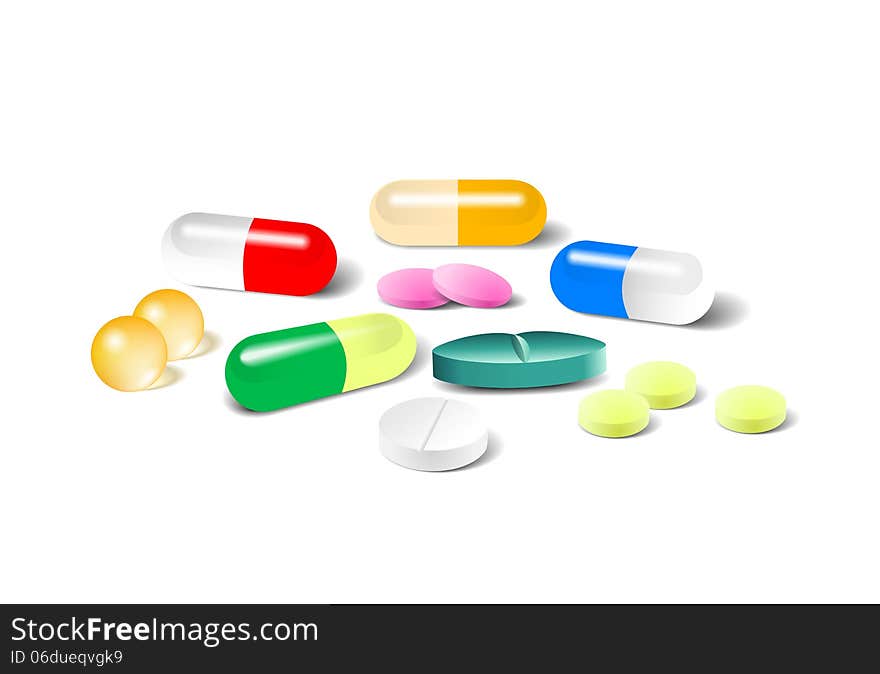 Different vector pills, tablet and capsule on a white background. Different vector pills, tablet and capsule on a white background