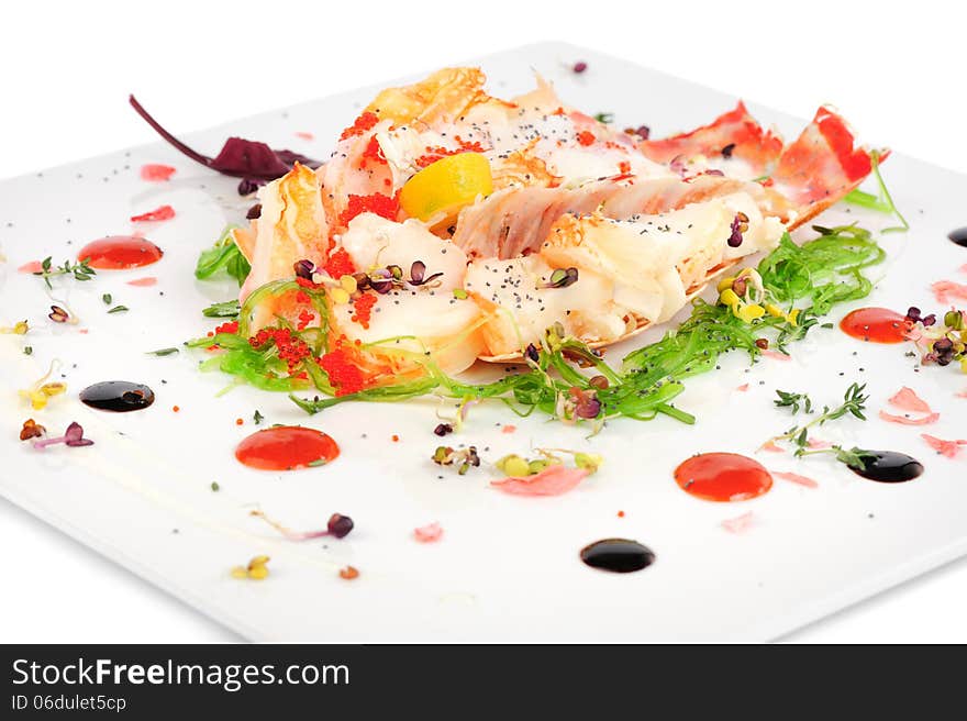 Lobster salad in japanese style with chuka seaweed and tobico