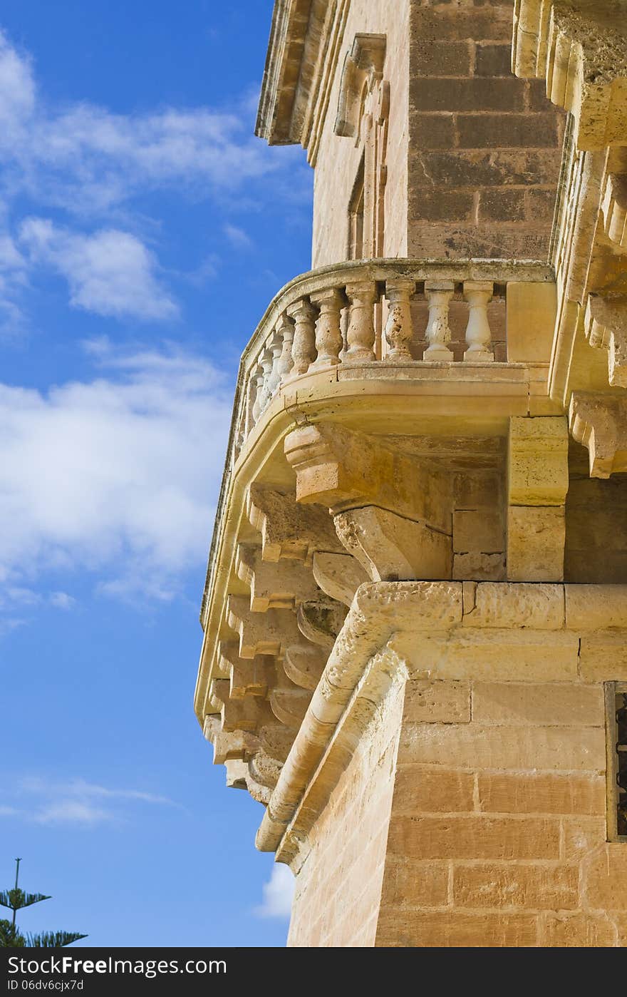 The front stone balcony of the Selmun Palace in the northern part of the island of malta