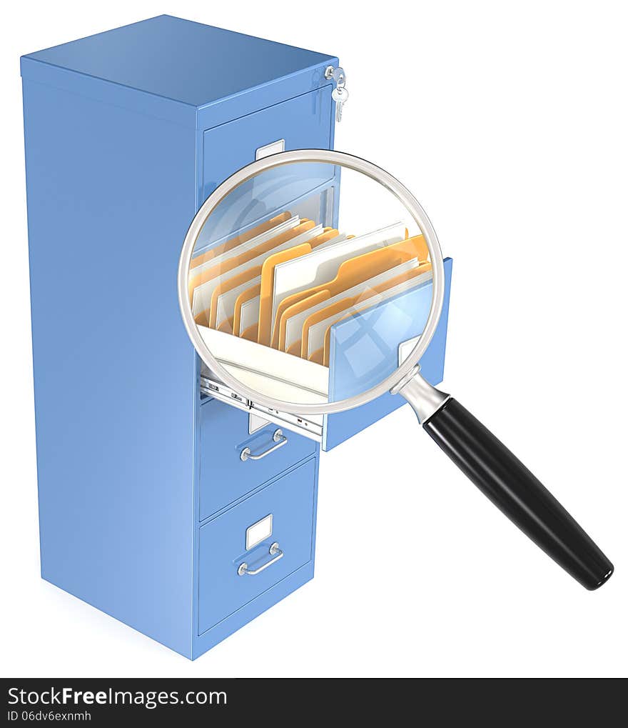 Magnifying glass over open file cabinet drawer. Magnifying glass over open file cabinet drawer.