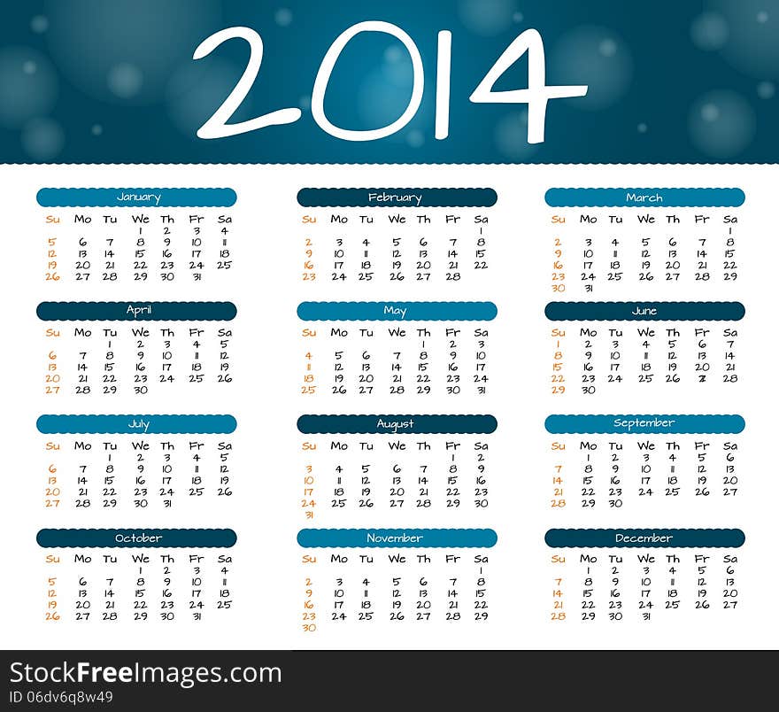 2014 calendar in blue style with bokeh effect. 2014 calendar in blue style with bokeh effect