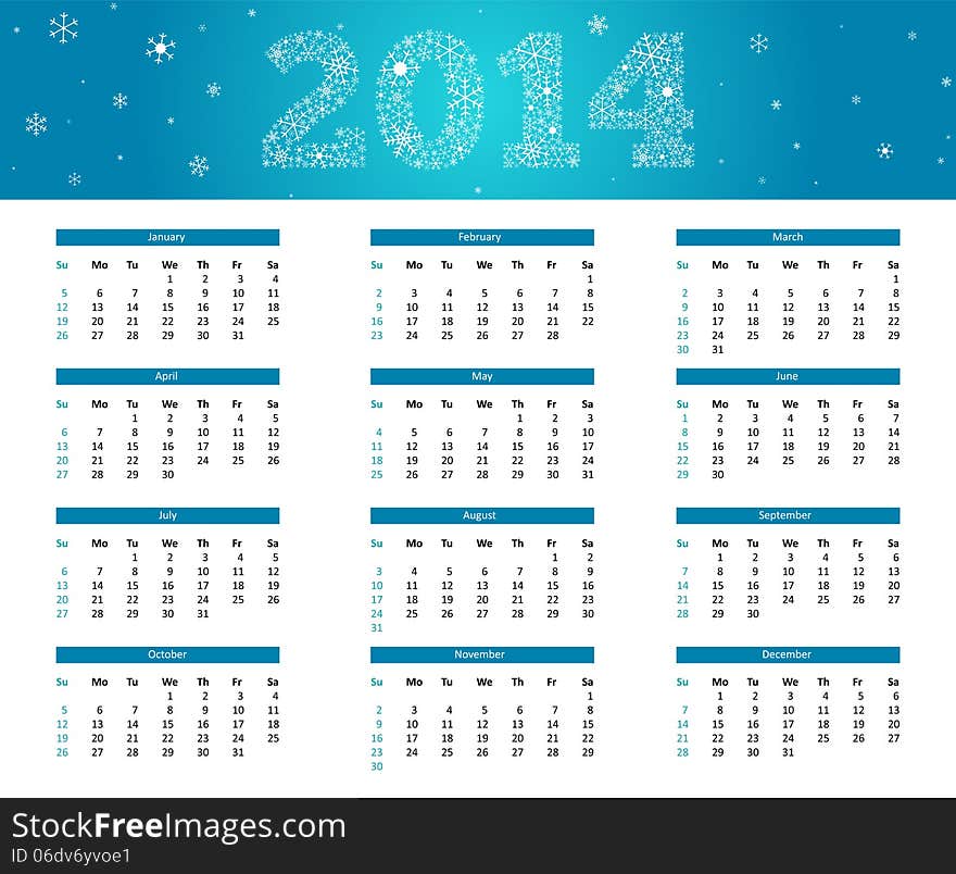 2014 calendar in cold style - blue with snowflakes. 2014 calendar in cold style - blue with snowflakes