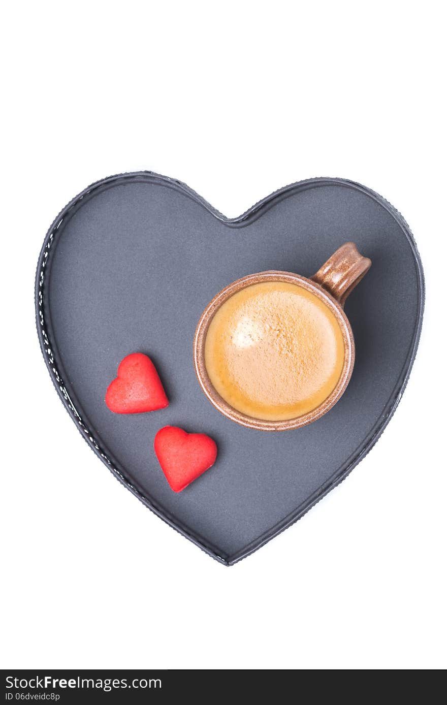 Espresso Cup And Candy On A Tray In The Form Of Heart, Isolated