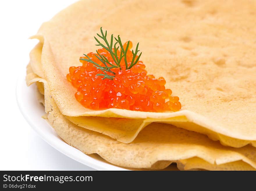 Stack Of Crepes With Red Caviar On A Plate, Close-up