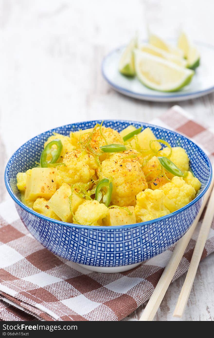 Vegetable Curry With Lime, Chilli And Mint In A Bowl